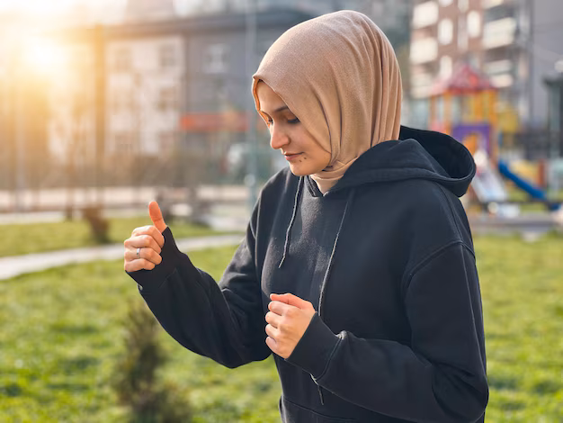 happy young muslim woman hijab running outdoors morning fitness outside jogging morning body health care training 801652 113